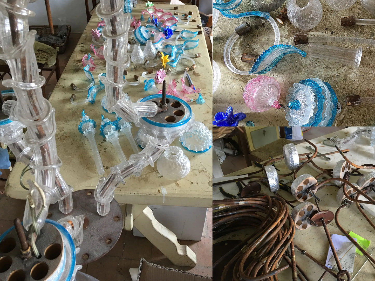 Componenti smontati durante la fase di restauro dei tre lampadari antichi veneziani | Lo Stile Italiano