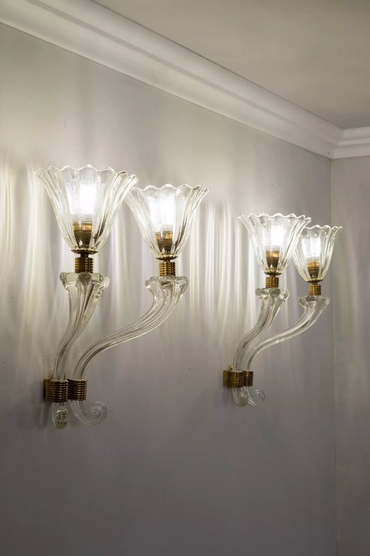 Coppia Lampade da parete Archimede Seguso in vetro di Murano Anni '30 - Lo Stile Italiano