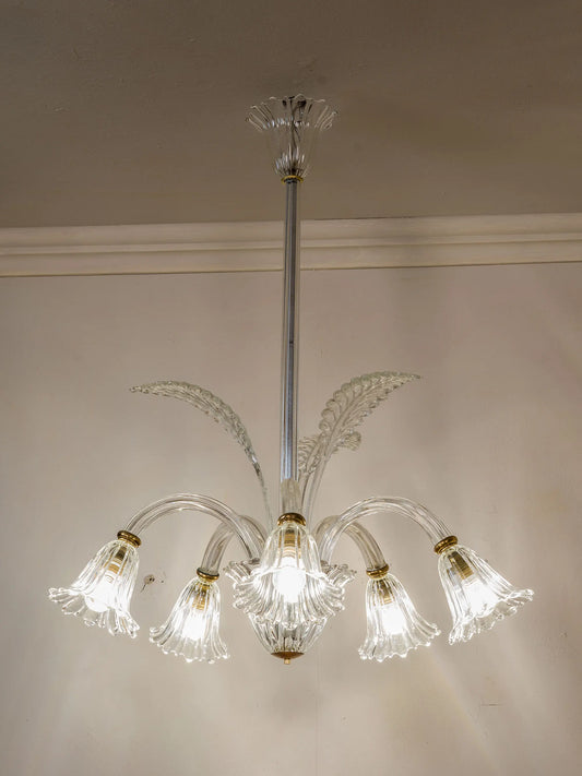 Lampadario Vintage anni '40 in vetro soffiato di Murano a 5 luci | Lo Stile Italiano