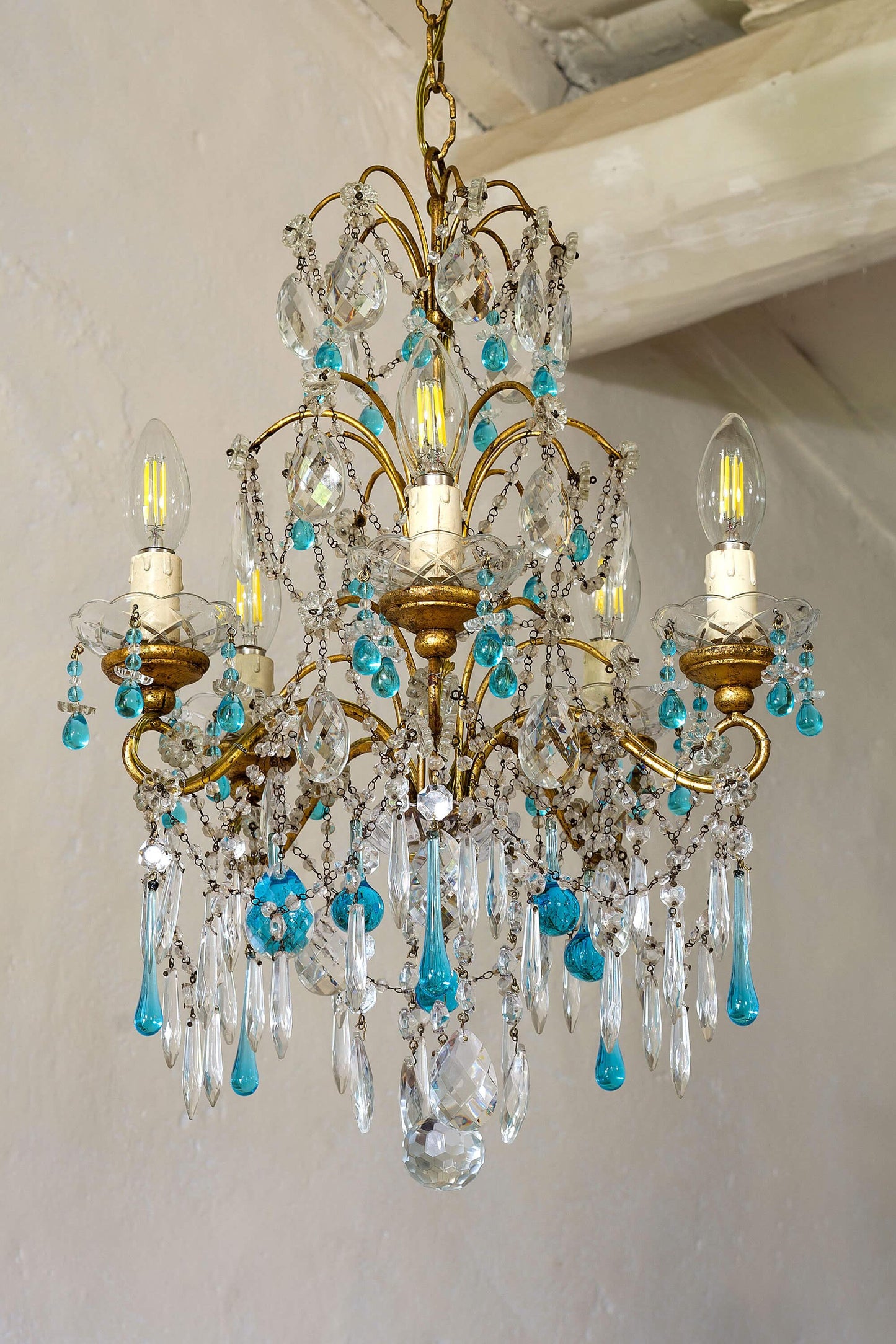 Lampadario Fiorentino 5 Luci, Vintage, con gocce pendenti di Murano - Lo Stile Italiano