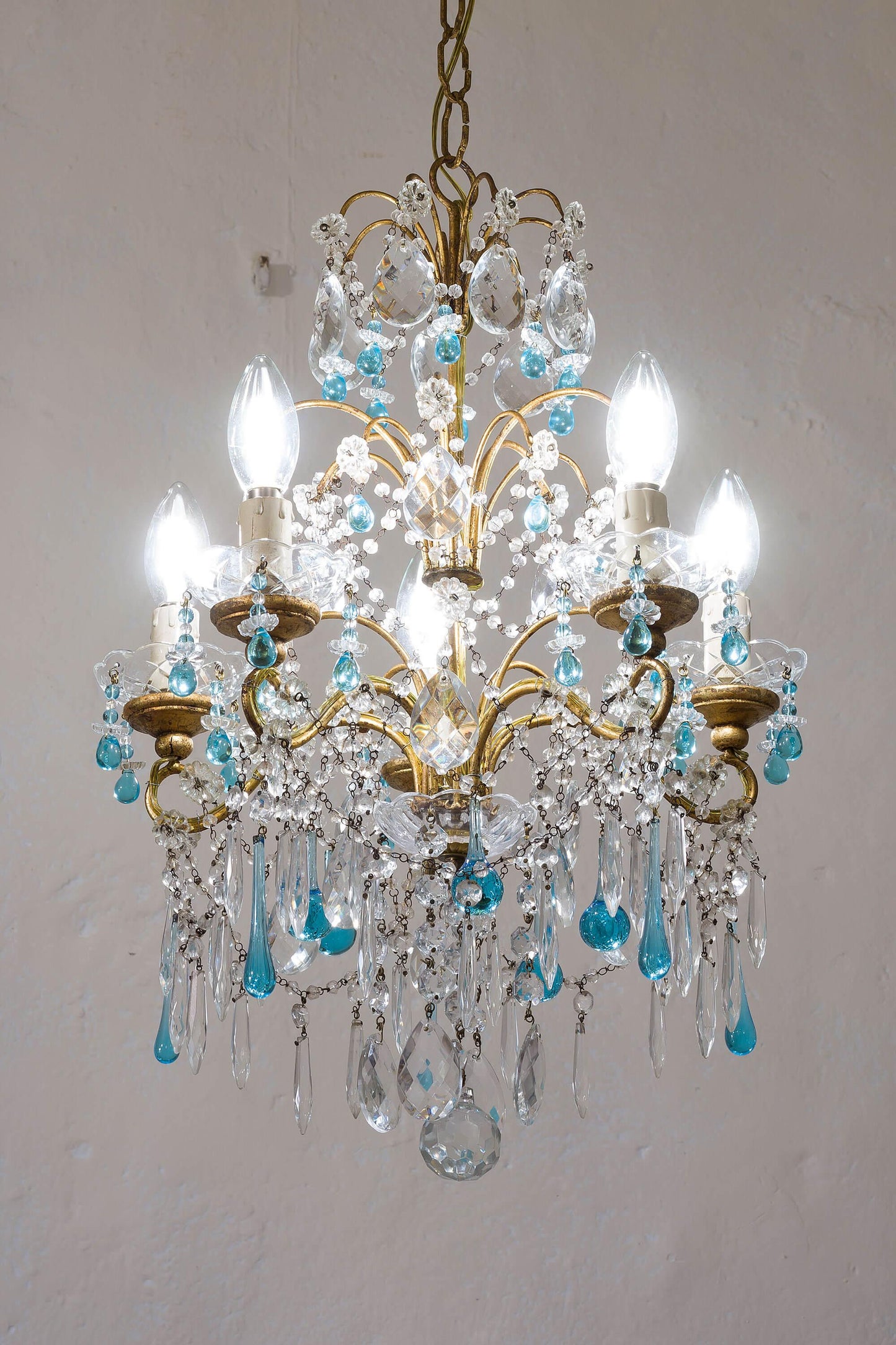 Lampadario Fiorentino 5 Luci, Vintage, con gocce pendenti di Murano - Lo Stile Italiano