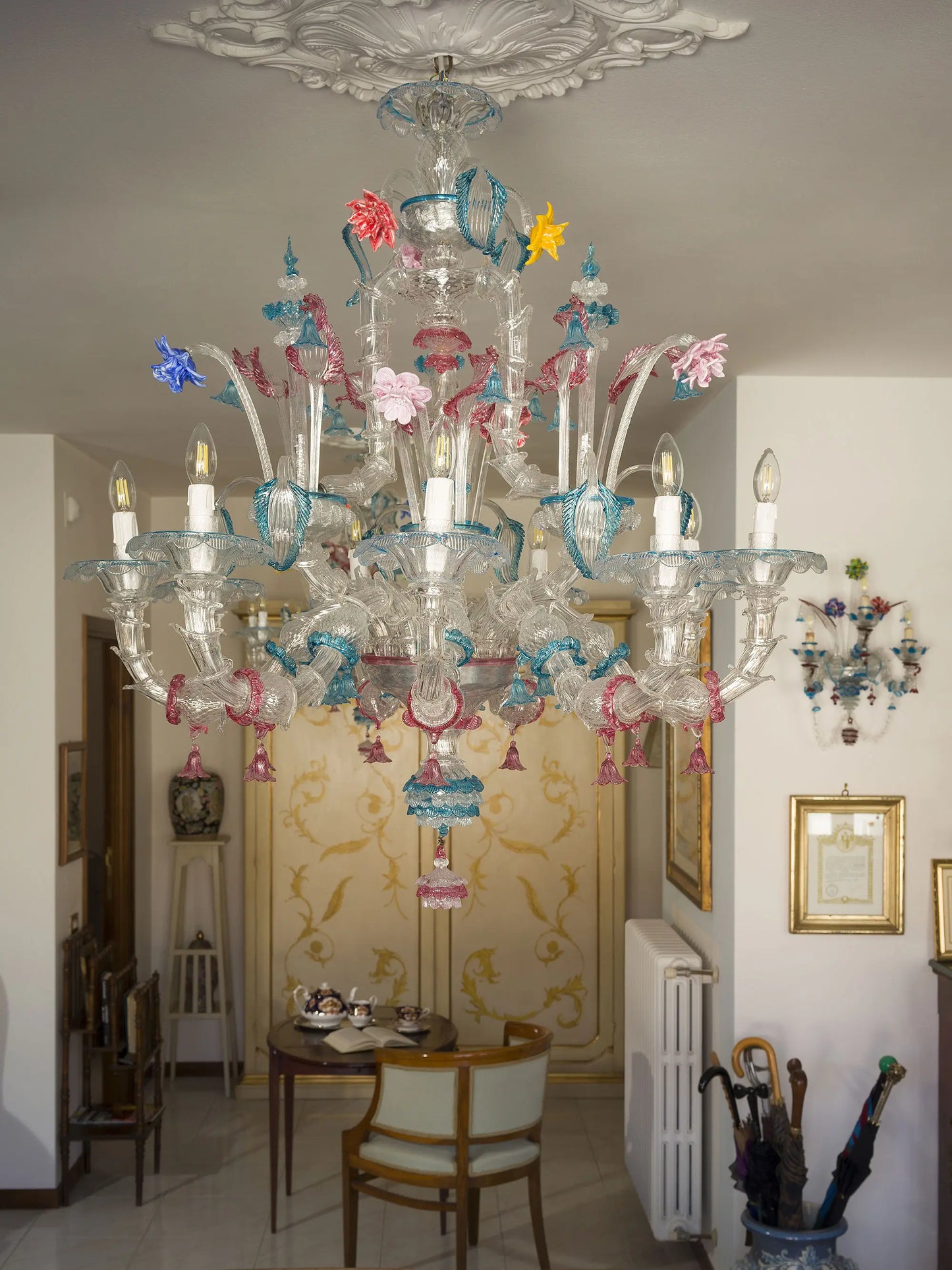 Tre grandi lampadari in vetro soffiato di Murano, Ca’ Rezzonico a nove luci| Lo Stile Italiano