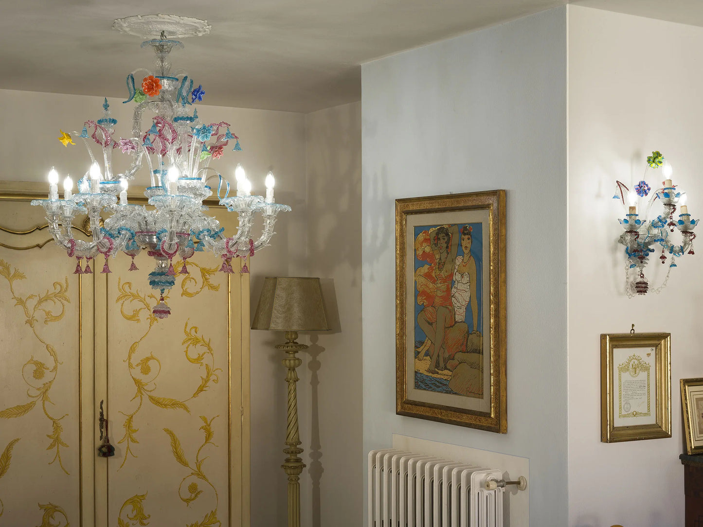 Lampadario vintage in vetro soffiato di Murano con fiori e foglie colorati | Lo Stile Italiano | Lo Stile Italiano