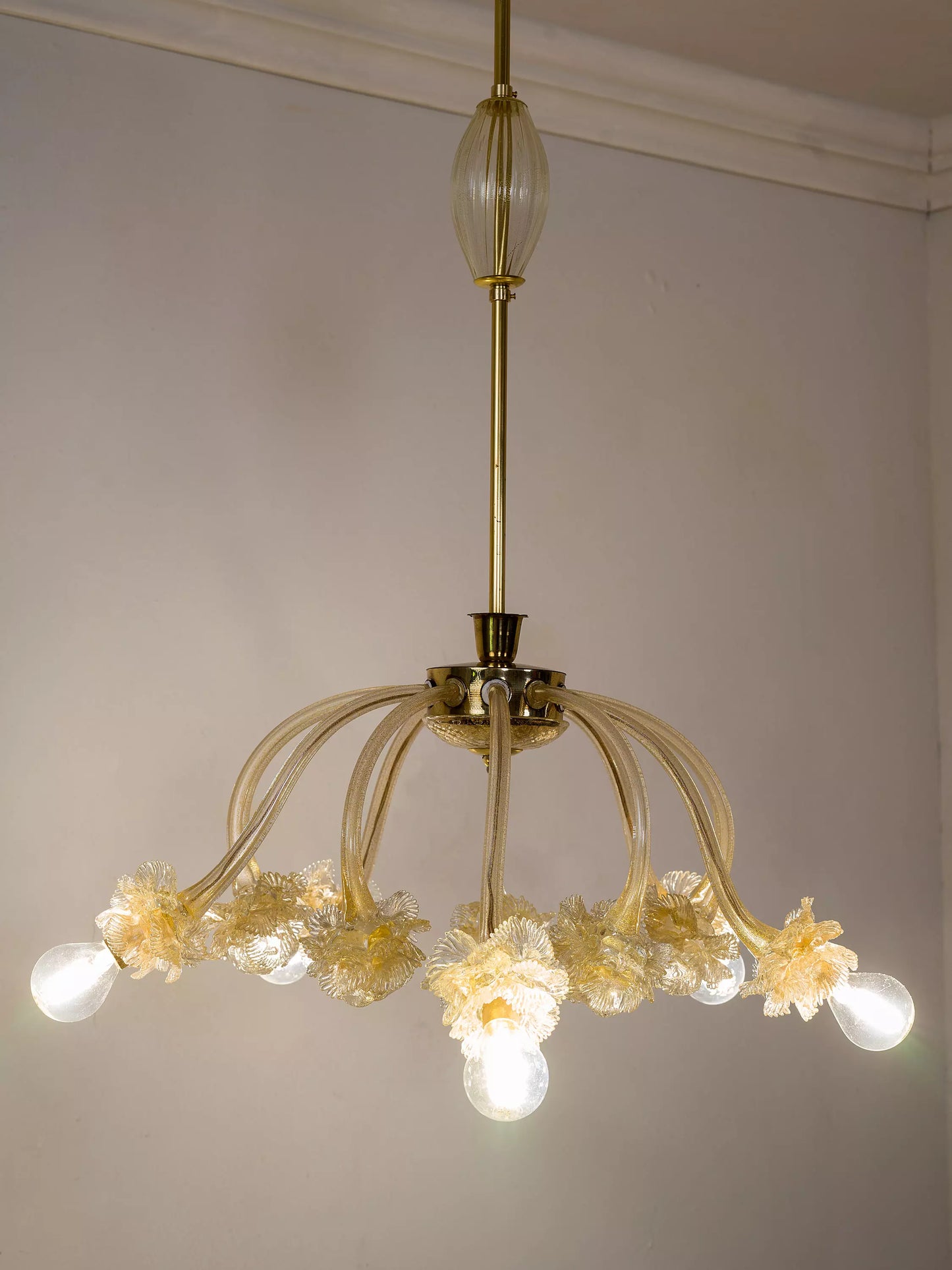 Lampadario Vintage in vetro soffiato di Murano, 5 luci. | Lo Stile Italiano