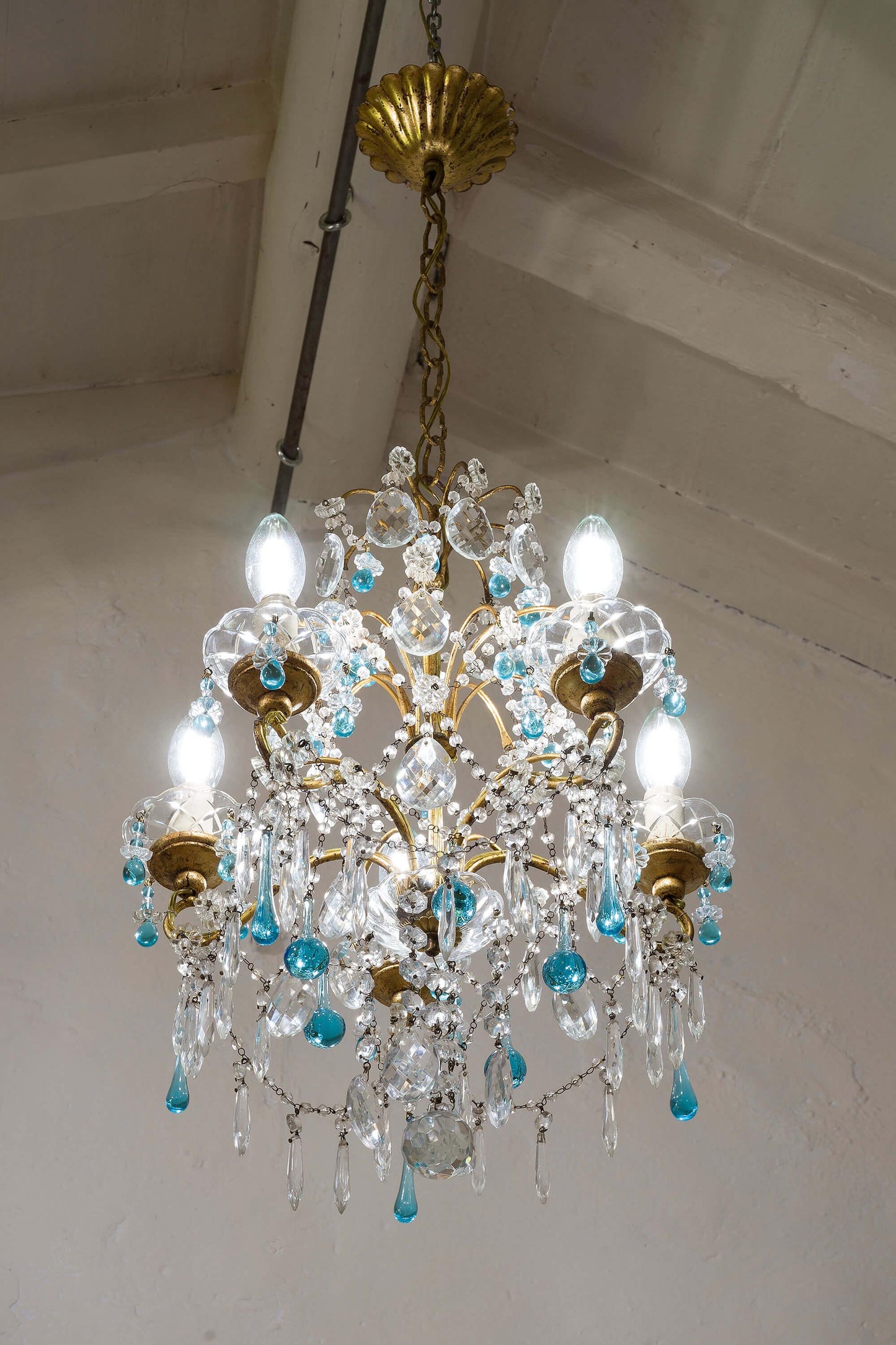 Lampadario Fiorentino 5 Luci, Vintage, con gocce pendenti di Murano - Lo Stile Italiano