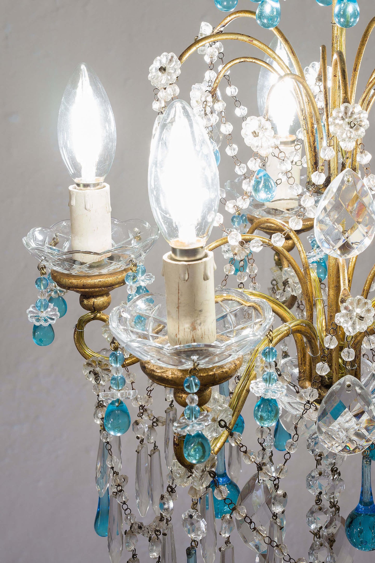 Lampadario Fiorentino 5 Luci, Vintage, con gocce pendenti di Murano - Lo Stile Italiano