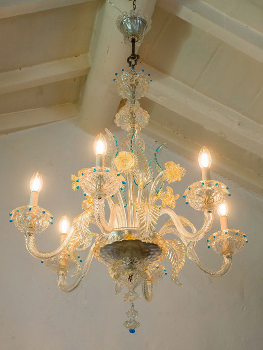 Lampadario di Murano in vetro soffiato 6 luci, Italia anni '40 | Lo Stile Italiano