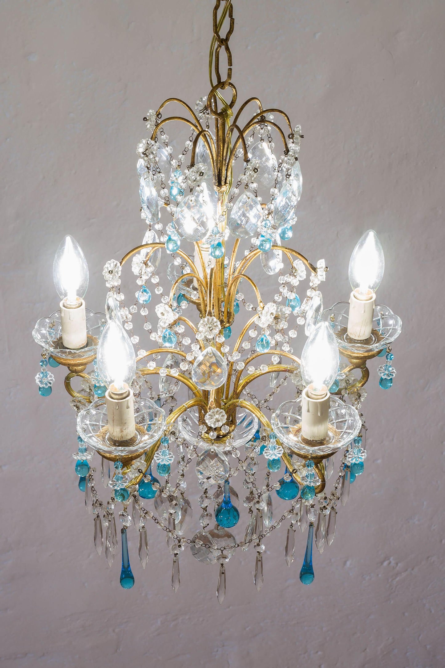 Lampadario Fiorentino 5 Luci, Vintage, con gocce pendenti di Murano - Lo Stile Italiano