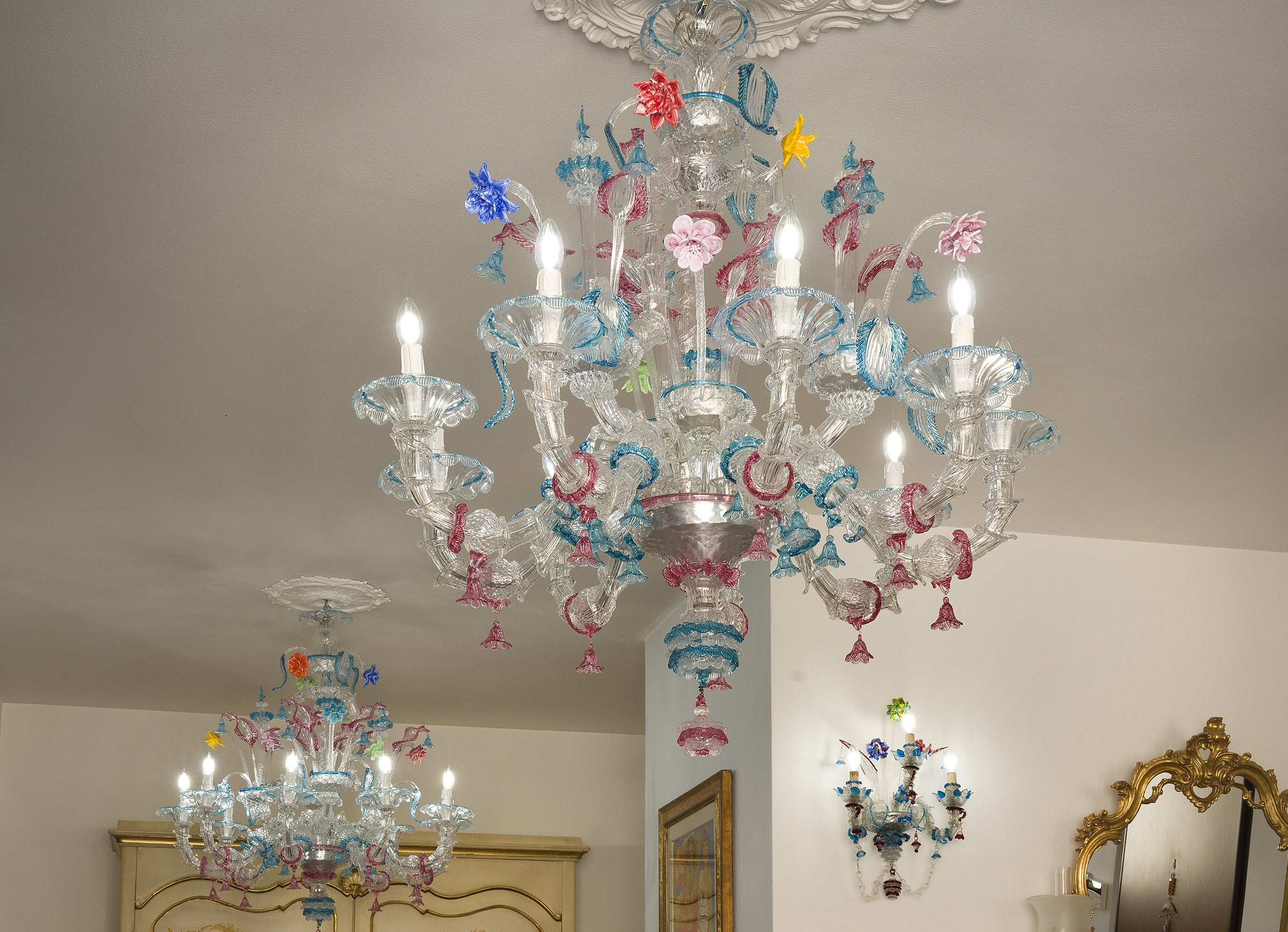 Coppia di lampadari vintage in vetro soffiato di Murano | Lo Stile Italiano