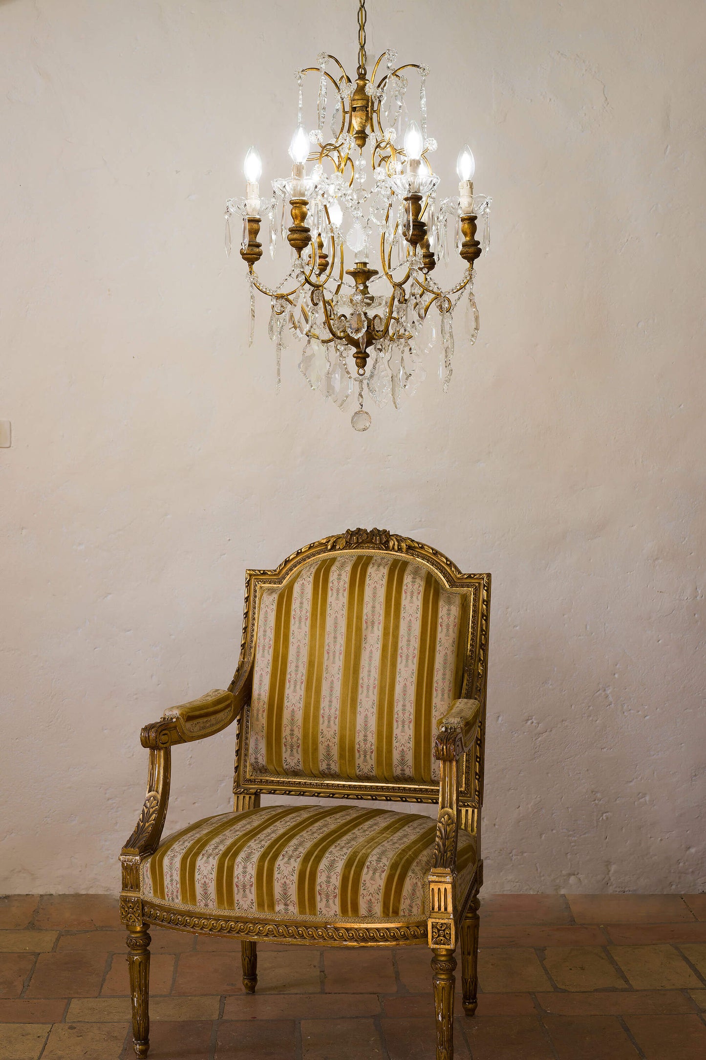 Antico Lampadario Fiorentino, con gocce di cristallo, 6 luci - Lo Stile Italiano