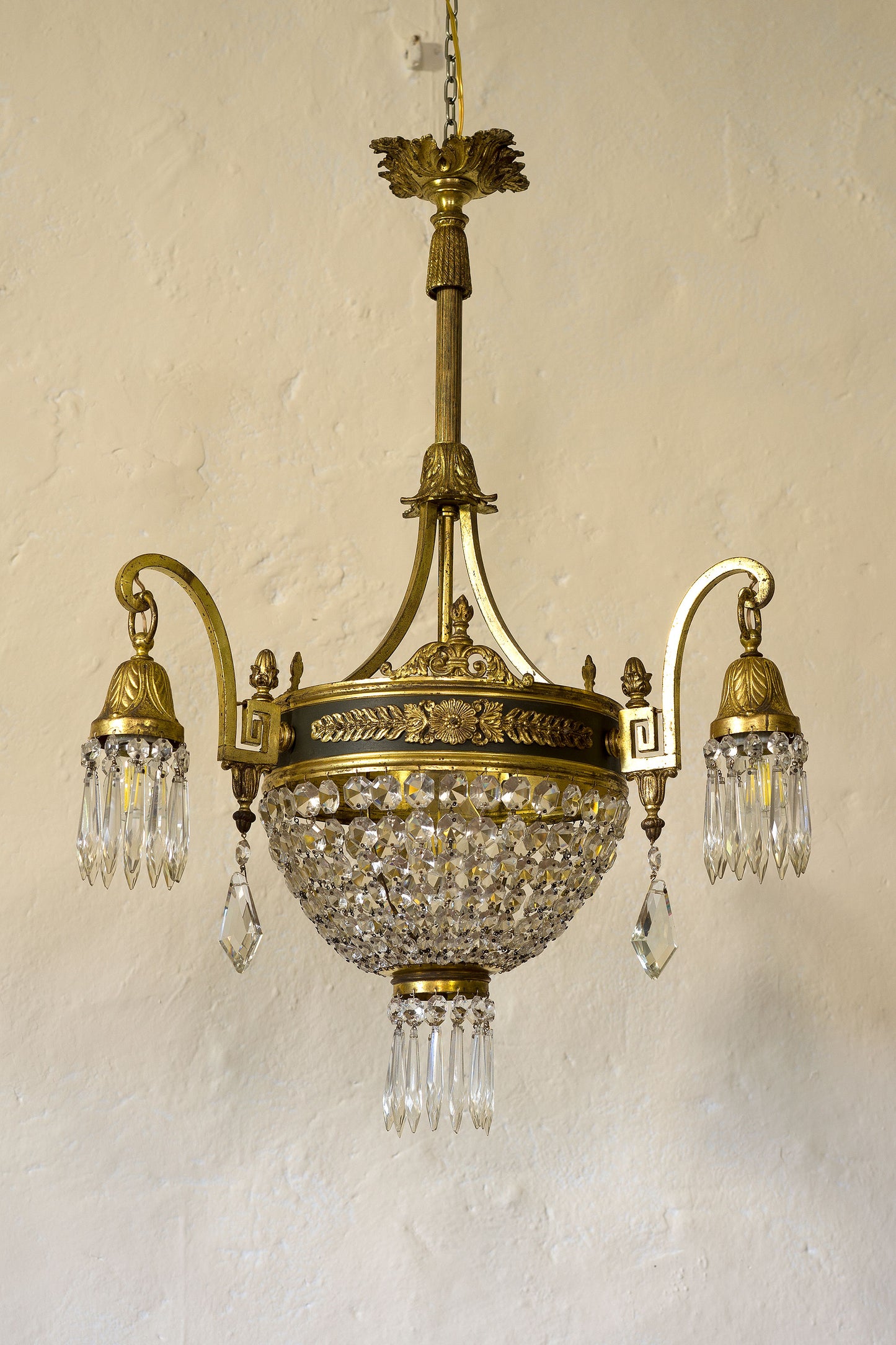 Antico lampadario Impero di cristallo, periodo primi anni del '900, 4 luci - Lo Stile Italiano