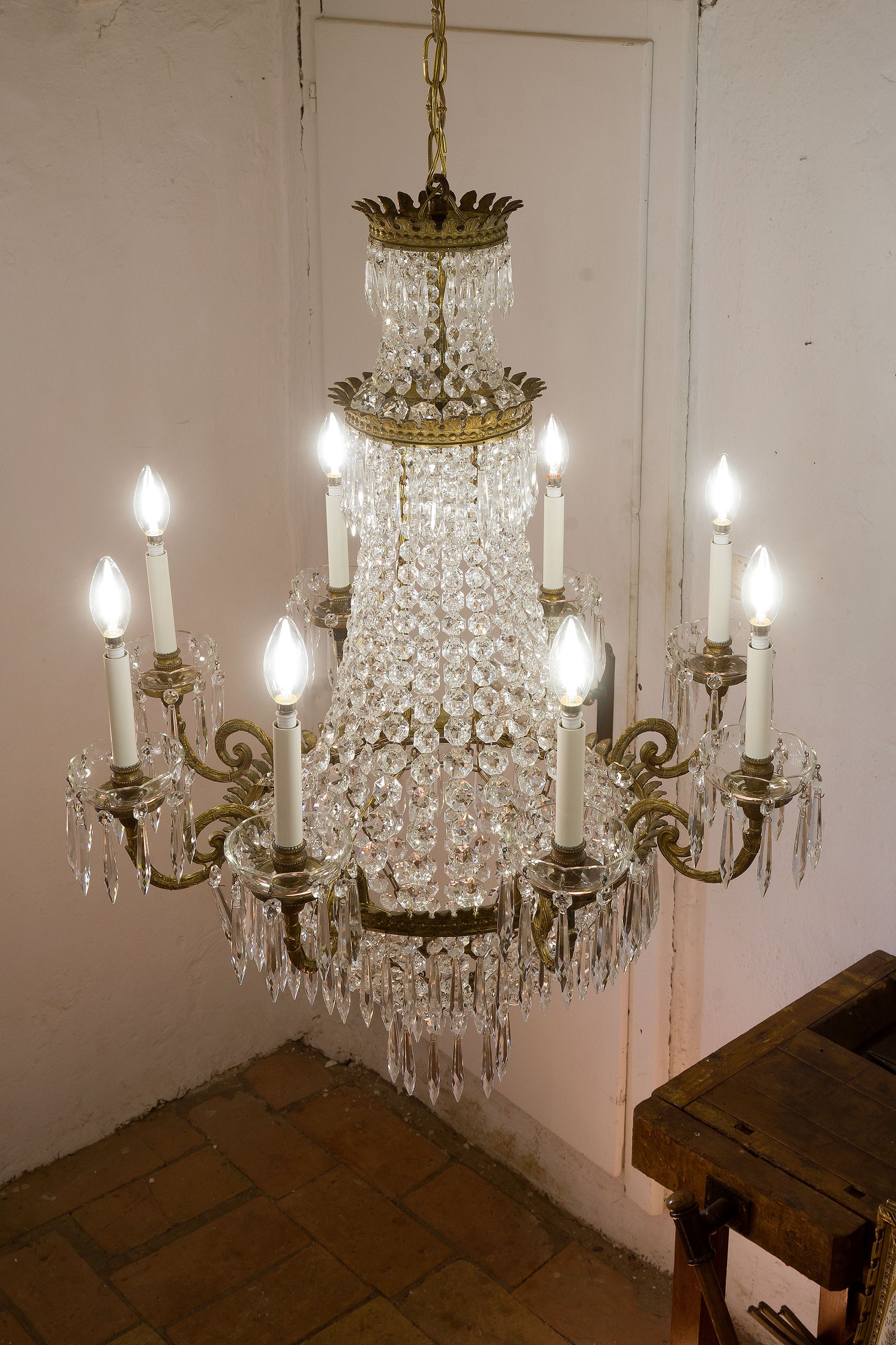 Coppia lampadari Impero a mongolfiera in cristallo, 8 Luci, vintage anni '40 - Lo Stile Italiano