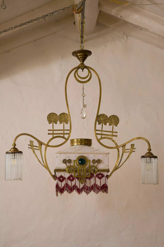 Lampadario Art Déco in ottone a 5 luci, Italia primi '900 - Lo Stile Italiano