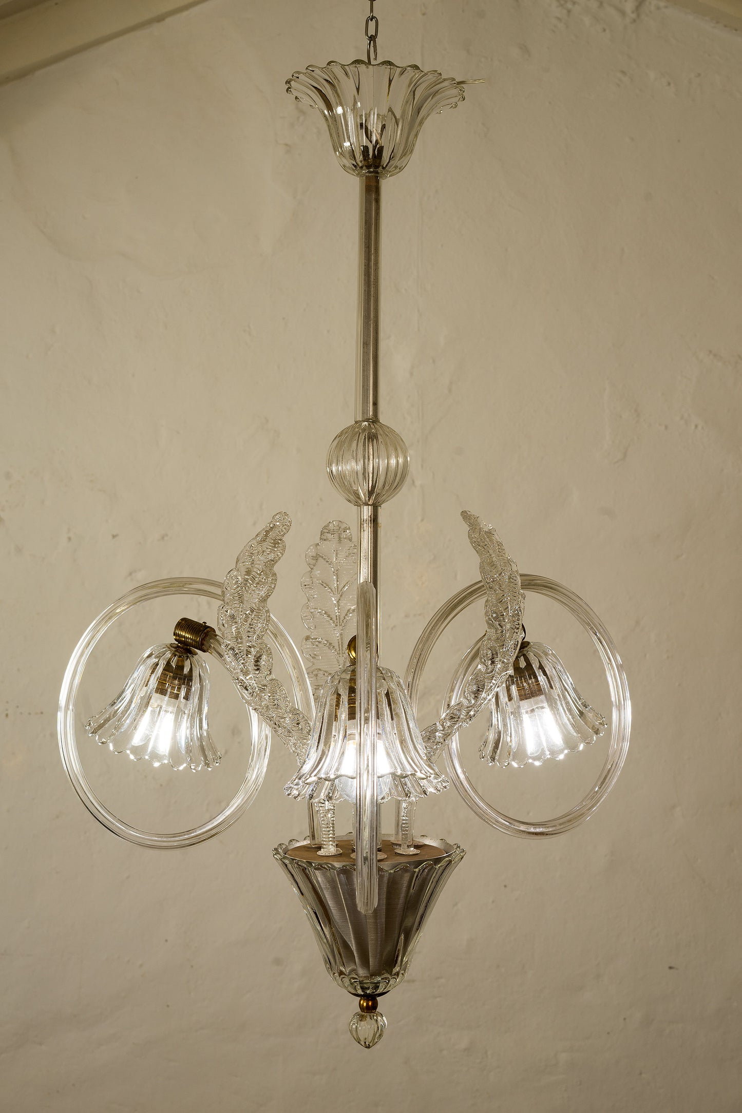 Lampadario Ercole Barovier e Toso in vetro di Murano, 3 luci, 1940 - Lo Stile Italiano