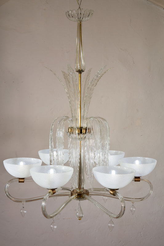 Grande Lampadario di Murano Venini anni '40, con coppe a Reticello - Lo Stile Italiano