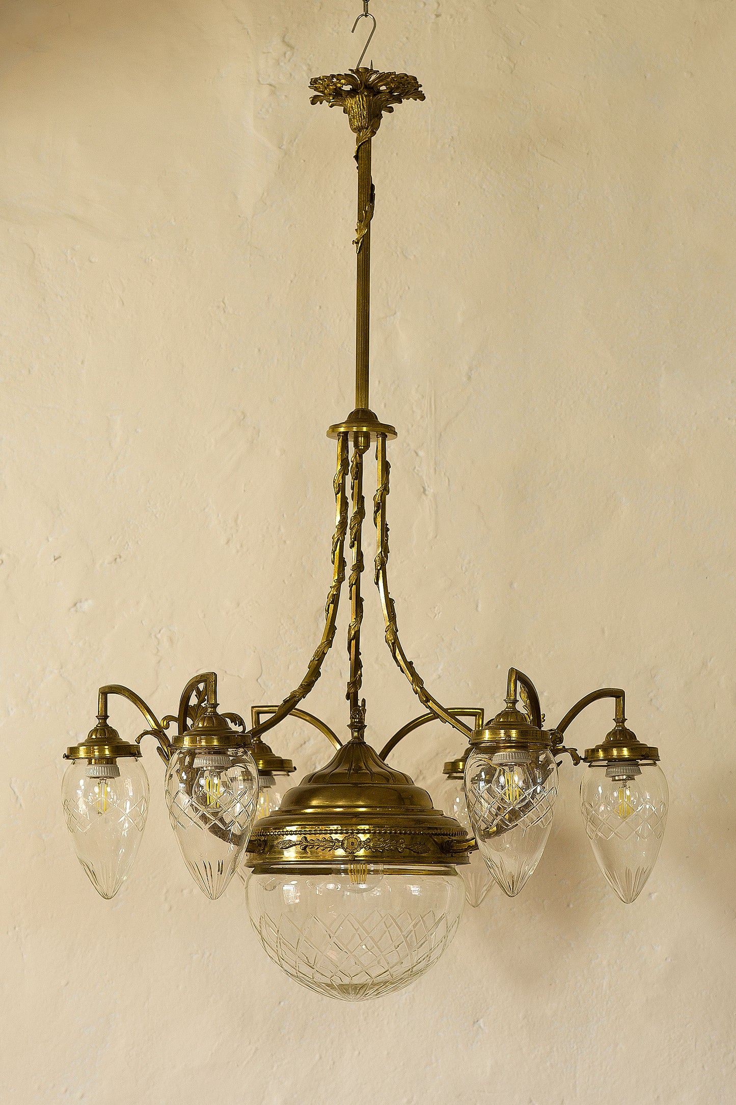 Antico Lampadario Art Nouveau in ottone e cristallo, 9 luci - Italia 1920 - Lo Stile Italiano