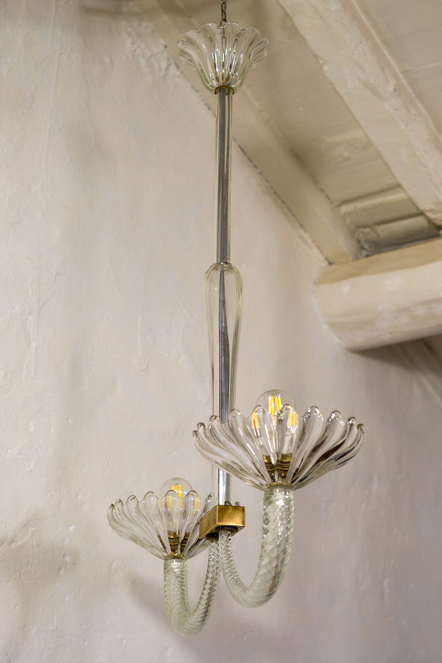 Lampadario Barovier & Toso in vetro di Murano, con 2 grandi coppe, Italia 1940.-Lo Stile Italiano