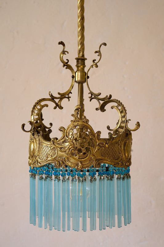Antico lampadario fine '800 Napoleone III, con pendenti in vetro di Murano, 1 luce - Lo Stile Italiano