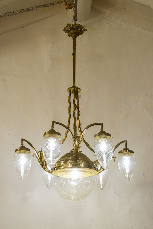 Antico Lampadario Art Nouveau in ottone e cristallo, 9 luci - Italia 1920 - Lo Stile Italiano
