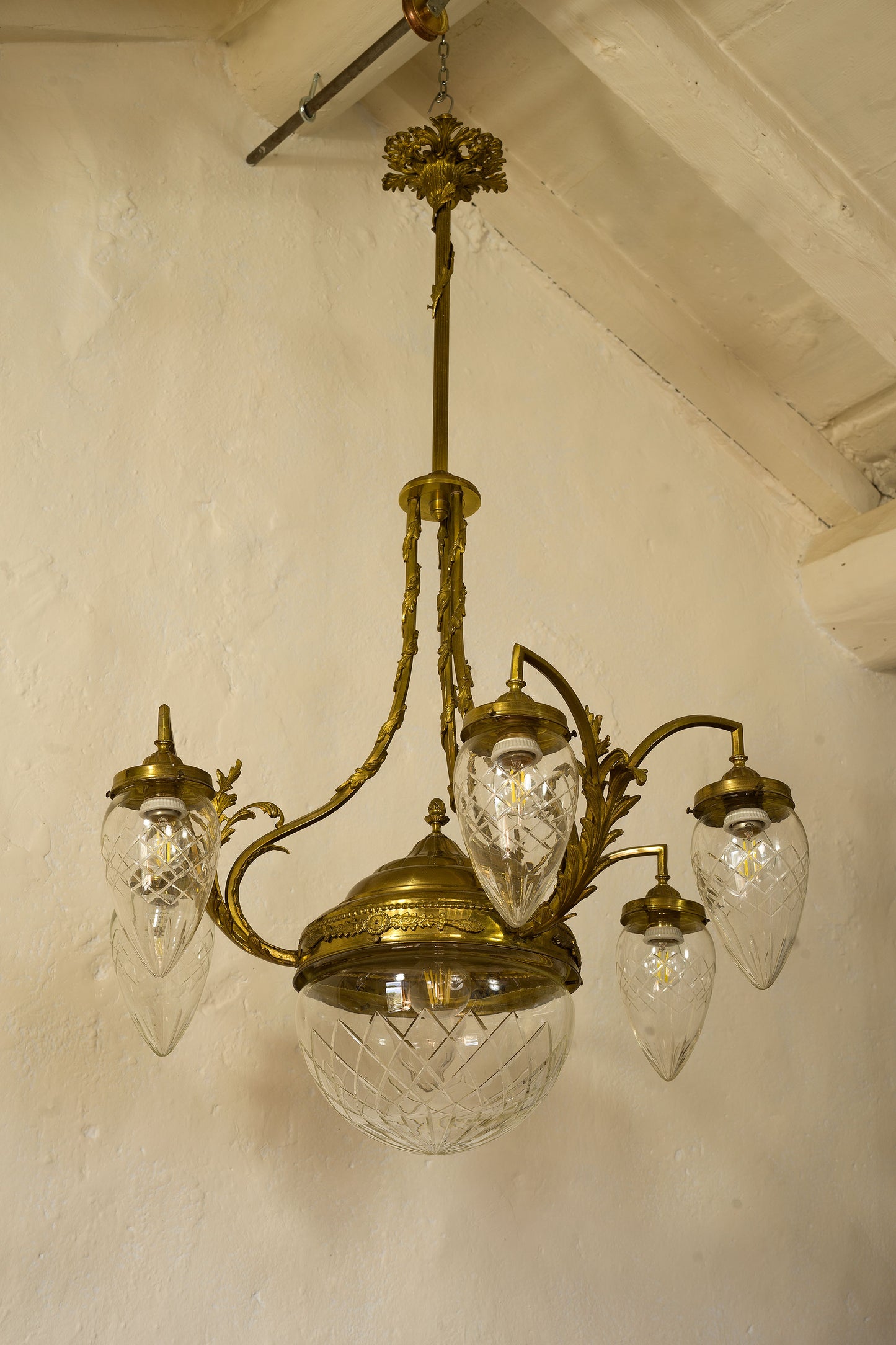 Antico Lampadario Art Nouveau in ottone e cristallo, 9 luci - Italia 1920 - Lo Stile Italiano