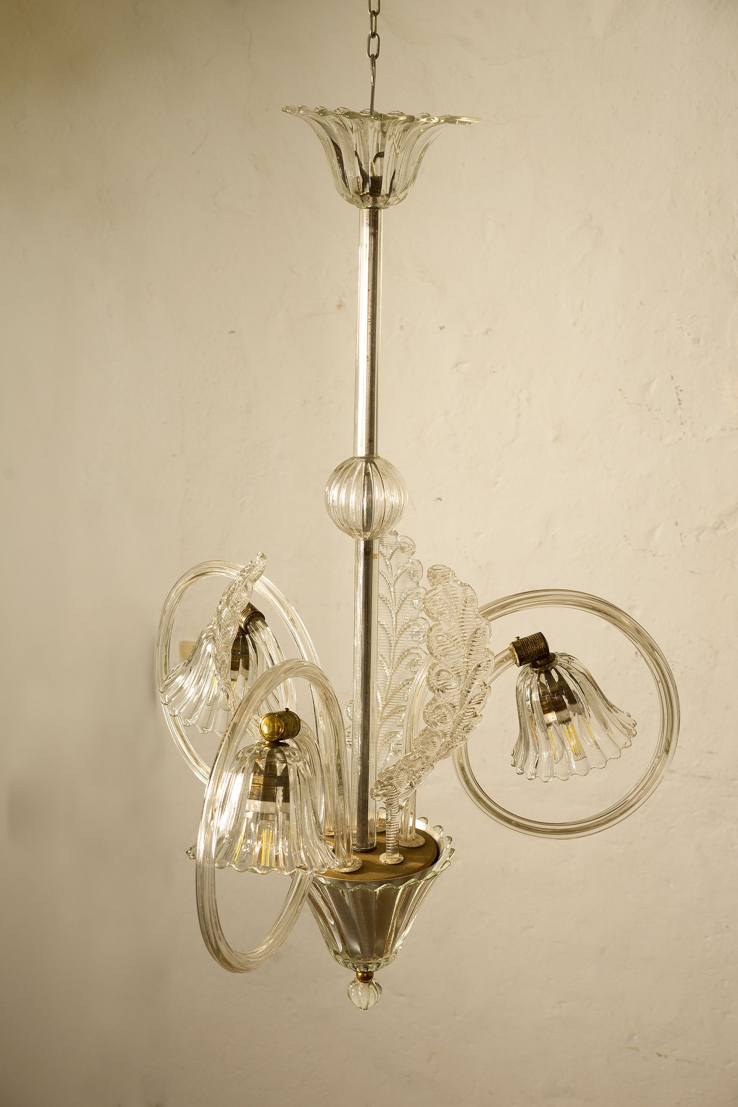 Lampadario Ercole Barovier e Toso in vetro di Murano, 3 luci, 1940 - Lo Stile Italiano