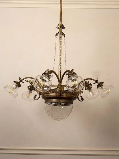 Lampadario d'epoca Art Nouveau (Liberty) a 7 luci in ottone e vetro molato, Italia anni '20