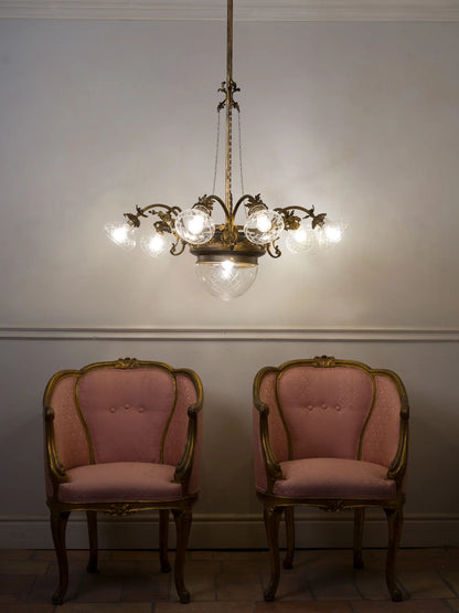 Lampadario d'epoca Art Nouveau (Liberty) a 7 luci in ottone e vetro molato, Italia anni '20