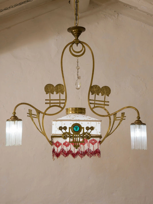 Lampadario Art Déco in ottone a 5 luci, Italia primi '900 - Lo Stile Italiano