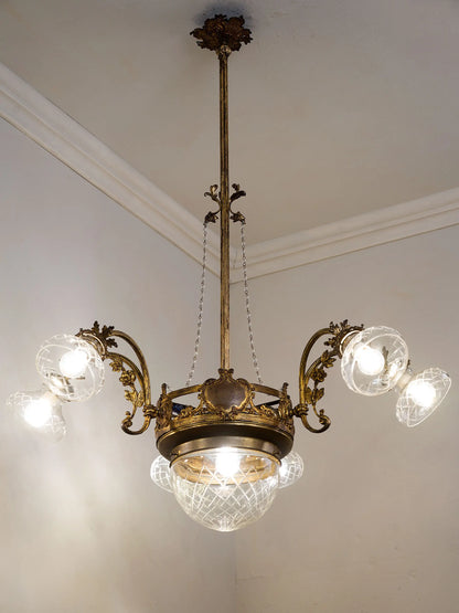 Lampadario d'epoca Art Nouveau (Liberty) a 7 luci in ottone e vetro molato, Italia anni '20