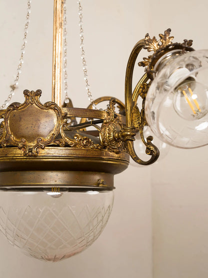 Lampadario d'epoca Art Nouveau (Liberty) a 7 luci in ottone e vetro molato, Italia anni '20