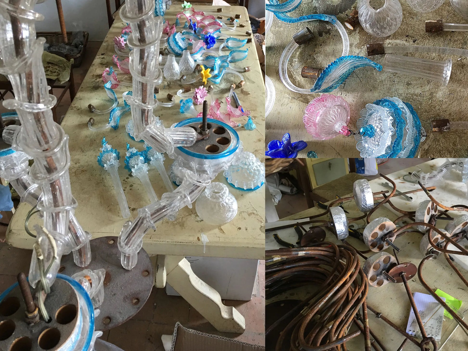 Componenti smontati durante la fase di restauro dei tre lampadari antichi veneziani | Lo Stile Italiano