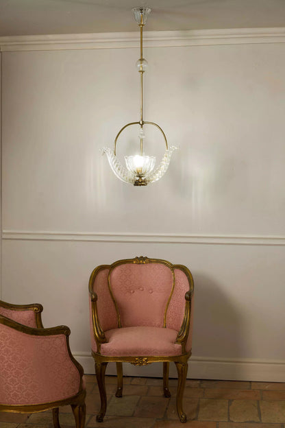 Lampadario antico in vetro di Murano con 3 foglie laterali e una coppa centrale|Lo Stile Italiano