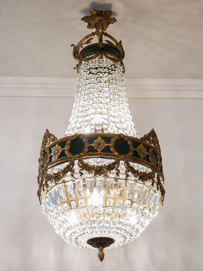 Grande lampadario Vintage di cristallo stile impero, in ottone dorato.| Lo Stile Italiano