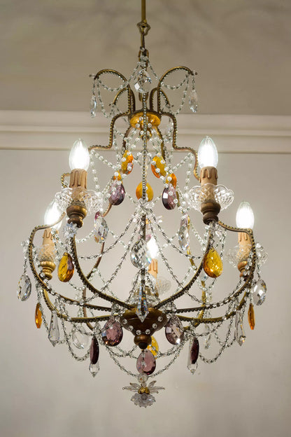 Vintage Chandelier with Hanging Colored Drops - 5 Lights