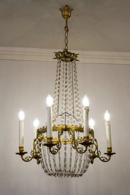 Lampadario Rococò con Motivi Floreali in Bronzo Dorato. Rococo Chandelier with Floral Motifs in Gilt Bronze. -Lo-Stile-Italiano 