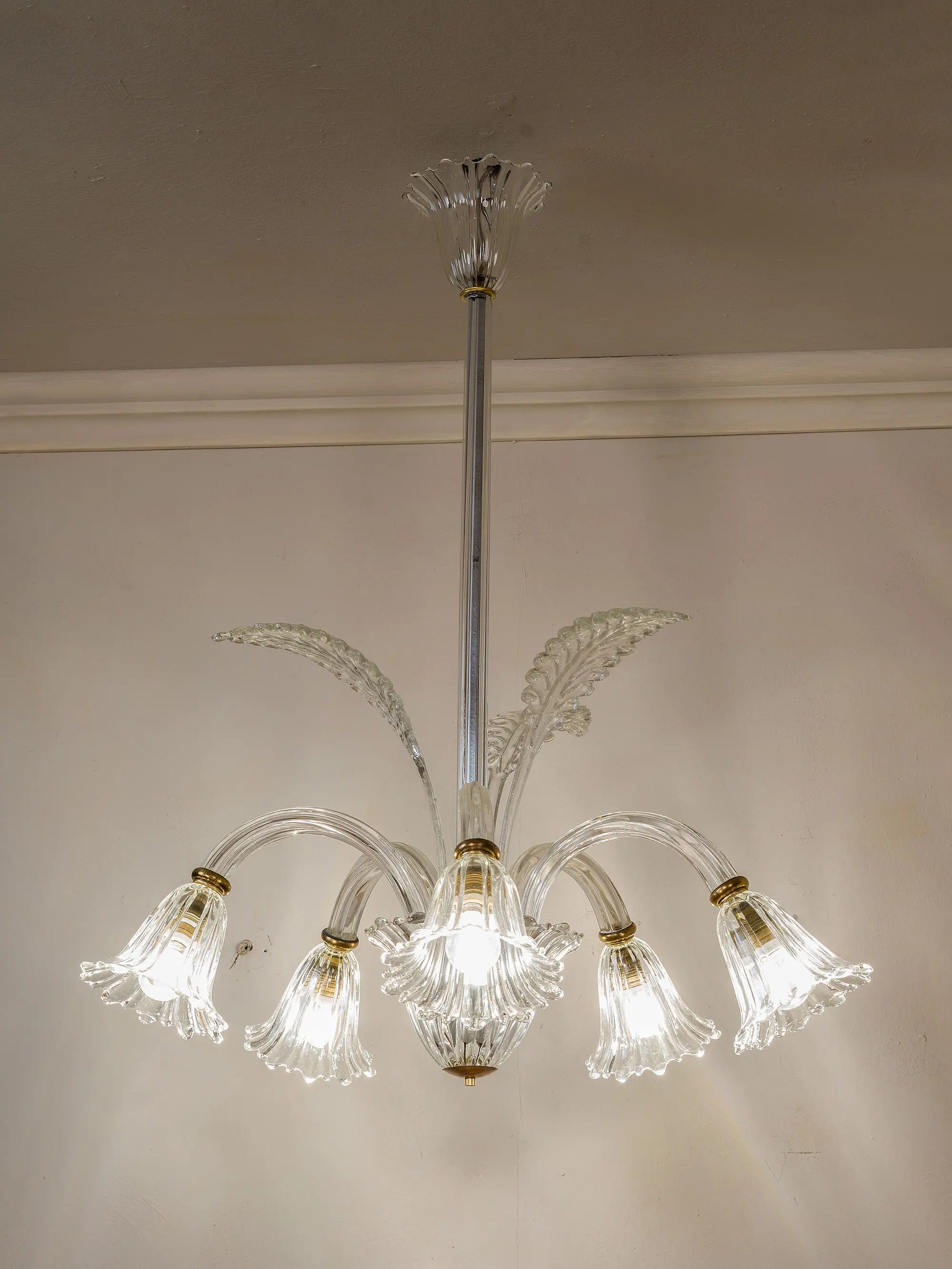 Lampadario Vintage anni '40 in vetro soffiato di Murano a 5 luci | Lo Stile Italiano