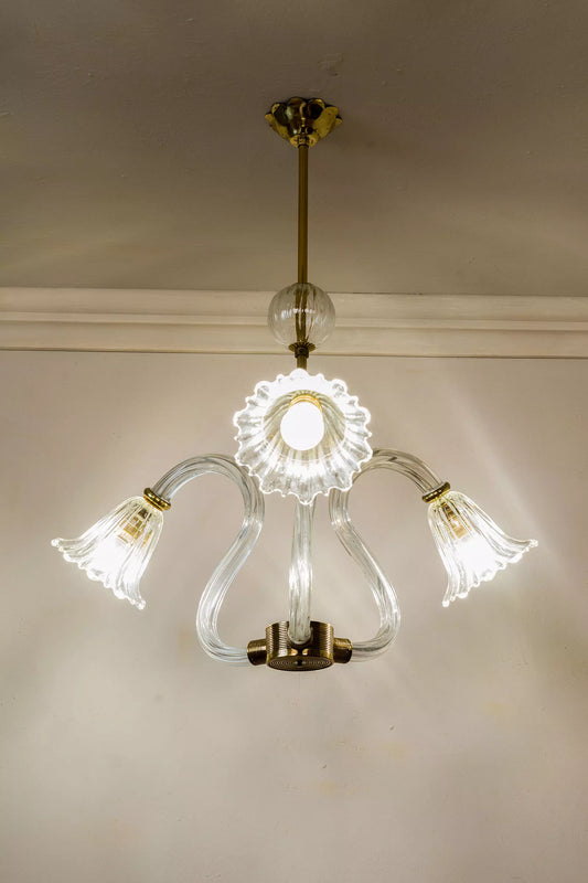 Murano Art Deco Chandelier, Ercole Barovier & Toso, 3 Lights, 1930s.