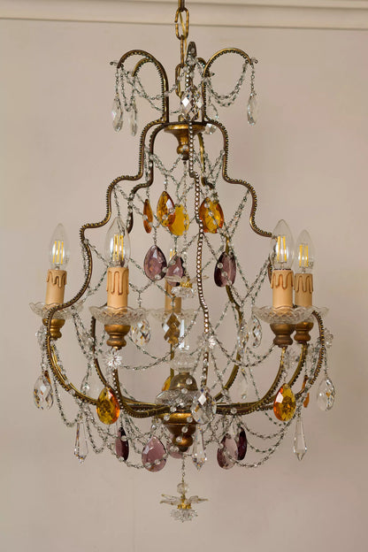 Vintage Chandelier with Hanging Colored Drops - 5 Lights