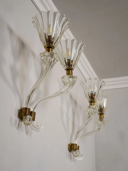 Pair of vintage Murano glass wall lights with two sinuous arms | Lo Stile Italiano