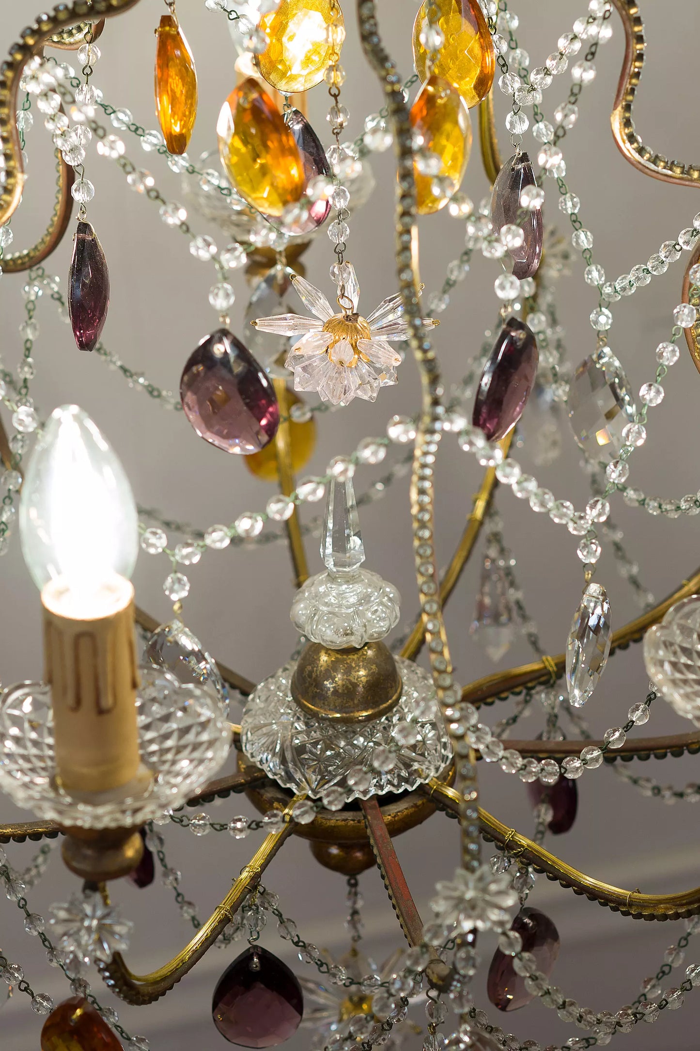 Vintage Chandelier with Hanging Colored Drops - 5 Lights