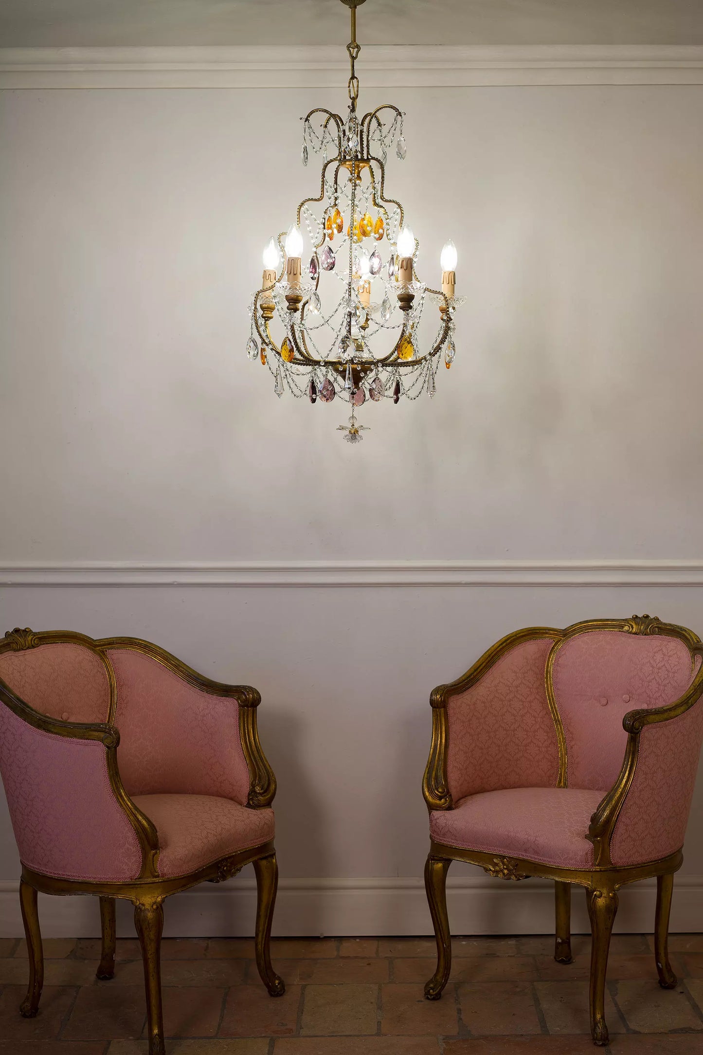 Vintage Chandelier with Hanging Colored Drops - 5 Lights