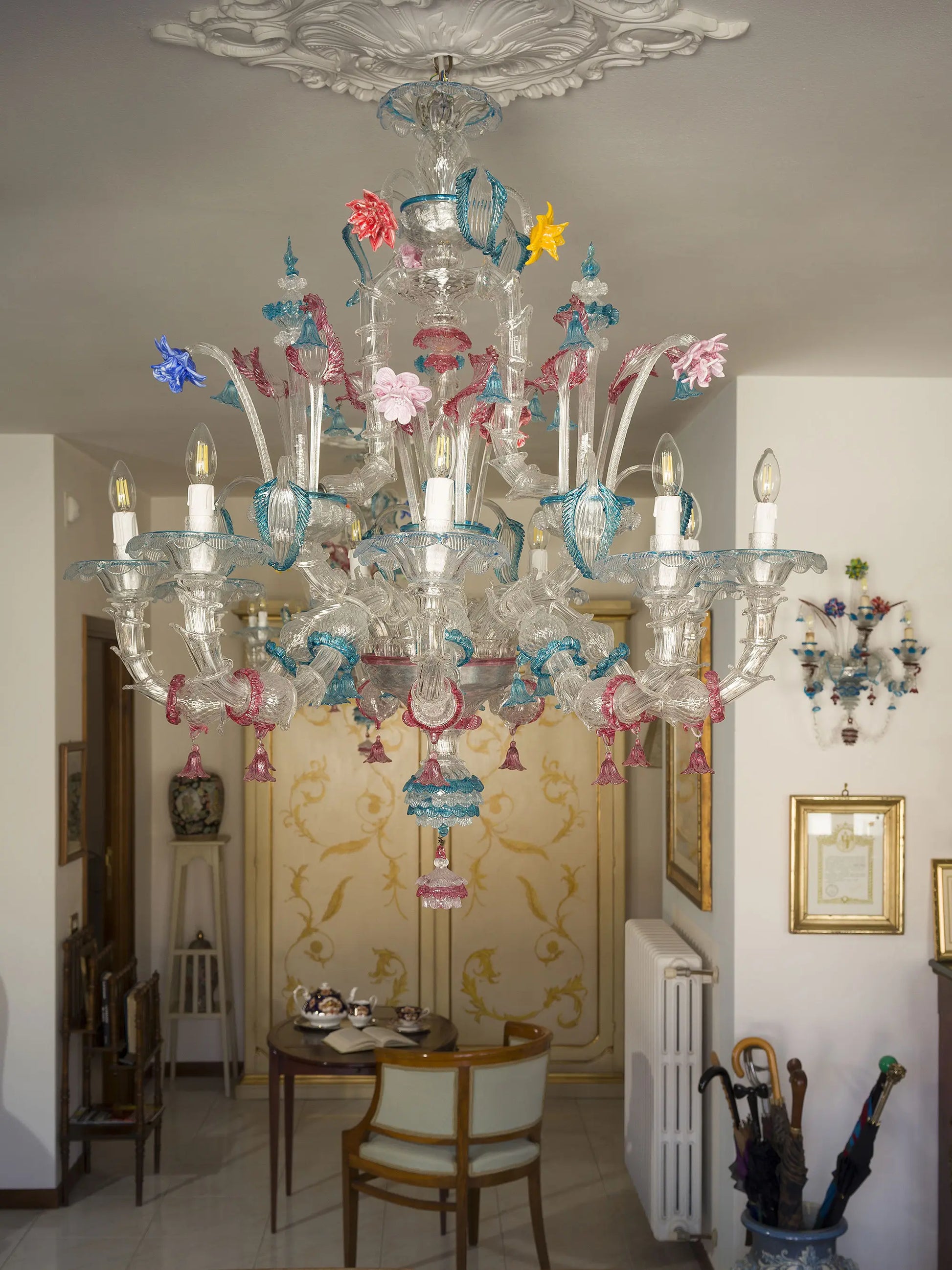 Tre grandi lampadari in vetro soffiato di Murano, Ca’ Rezzonico a nove luci| Lo Stile Italiano