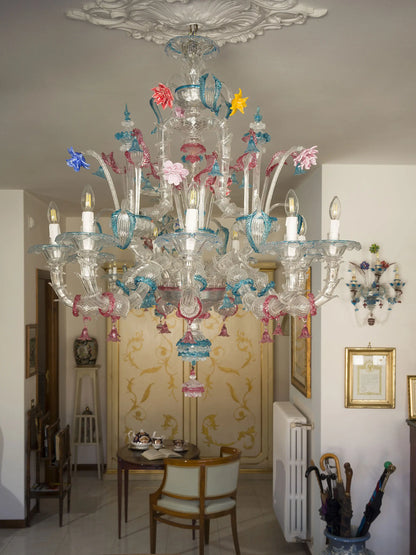 Tre grandi lampadari in vetro soffiato di Murano, Ca’ Rezzonico a nove luci| Lo Stile Italiano