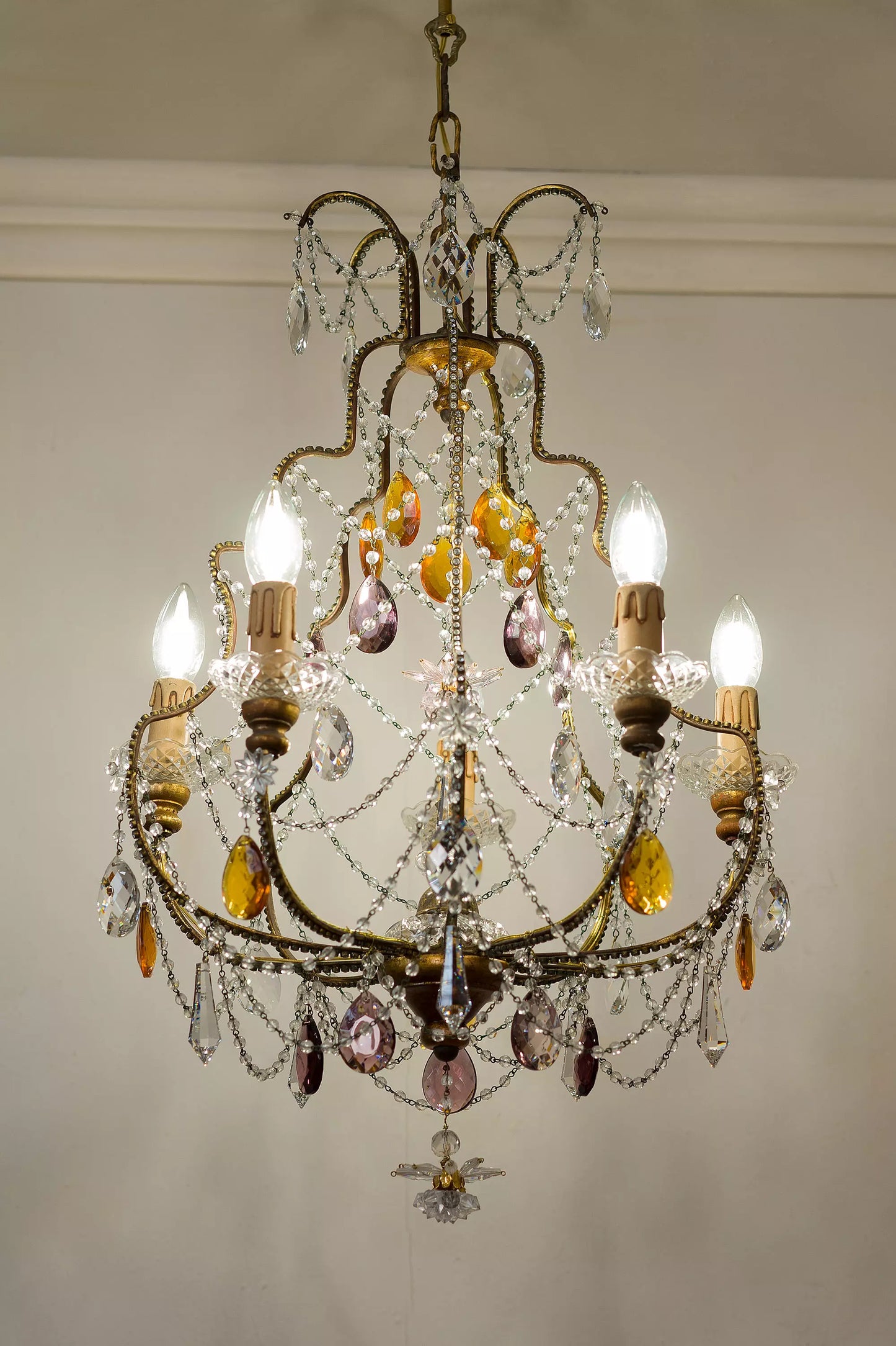 Vintage Chandelier with Hanging Colored Drops - 5 Lights