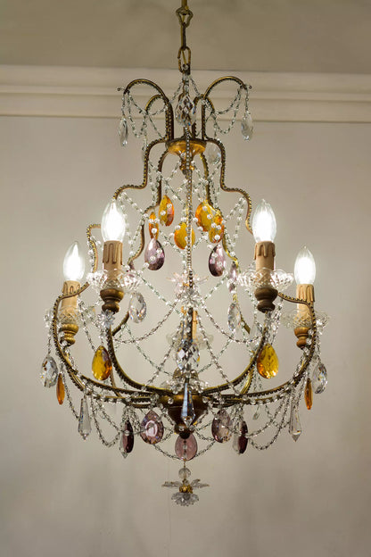 Vintage Chandelier with Hanging Colored Drops - 5 Lights