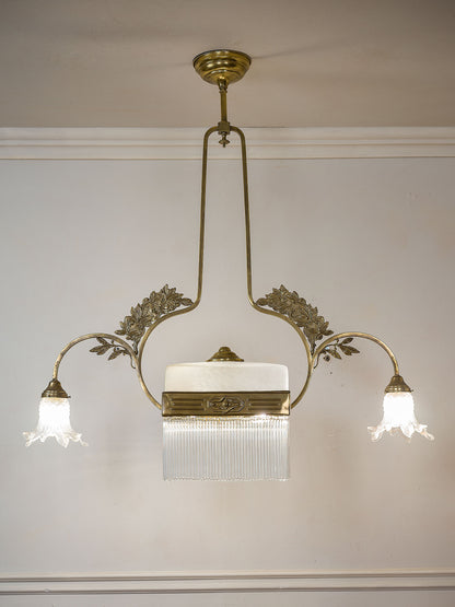 Lampadario antico Liberty (Art Nouveau) 1910 in ottone e vetro di Murano - Lo Stile Italiano.