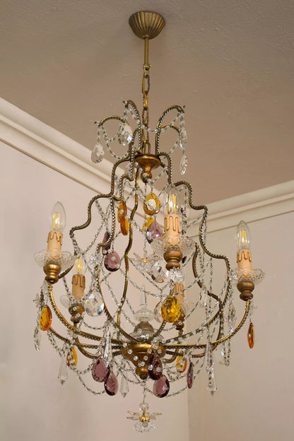 Vintage Chandelier with Hanging Colored Drops - 5 Lights
