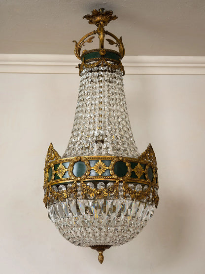 Grande lampadario Vintage anni '40 in cristallo e ottone dorato | Lo Stile Italiano