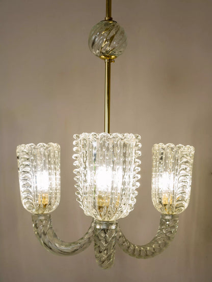 Lampadario anni ’30 Barovier & Toso, 3 luci in vetro di Murano soffiato | Lo Stile Italiano