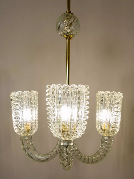 Lampadario anni ’30 Barovier & Toso, 3 luci in vetro di Murano soffiato | Lo Stile Italiano